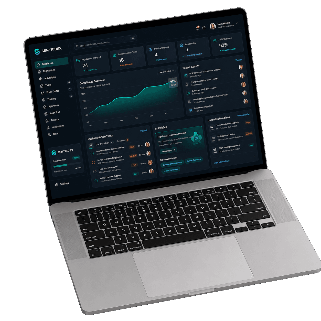 SentriDex compliance dashboard shown on a laptop